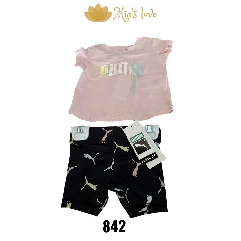 puma, set two pieces for girls, short and pullover, Size 0-3M, pink and black.